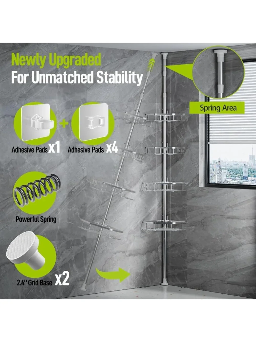 Stainless Steel Corner Shower Caddy - Adjustable 4-Tier Organizer with Hooks